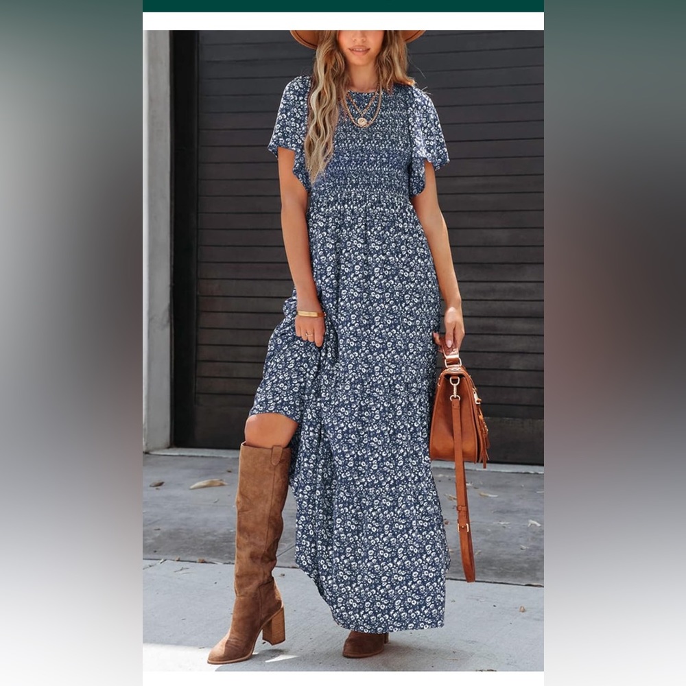 PRETTYGARDEN Women's Summer Casual Flutter Short Sleeve Boho Floral Maxi Dress